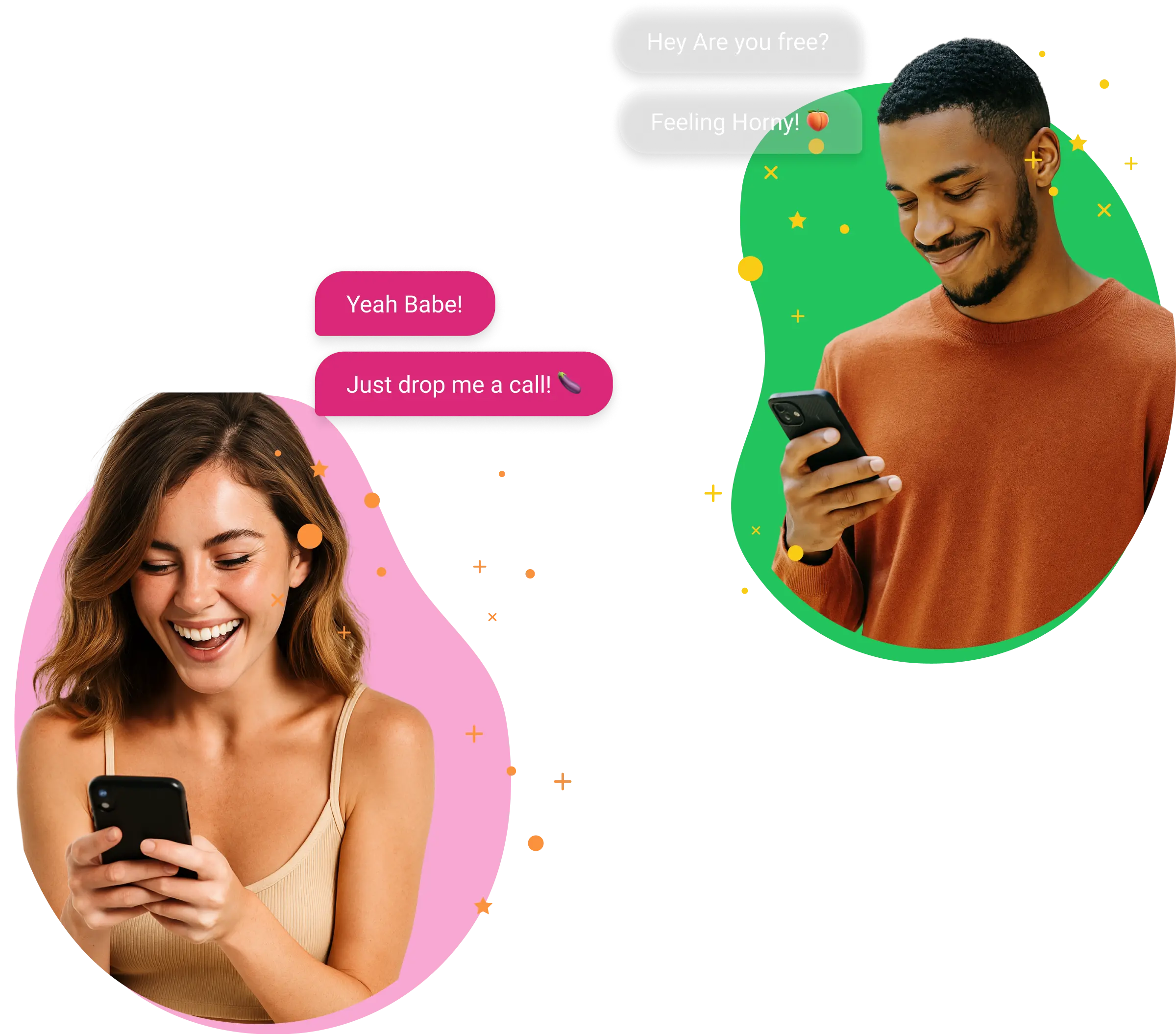 Man and woman using smartphones for live sex chat and private online conversations
